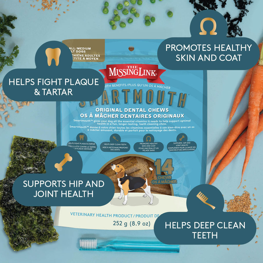 Smartmouth dental chews fight tartar & plaque. Promotes healthy Skin & Coat as well as Hip & Joint health.