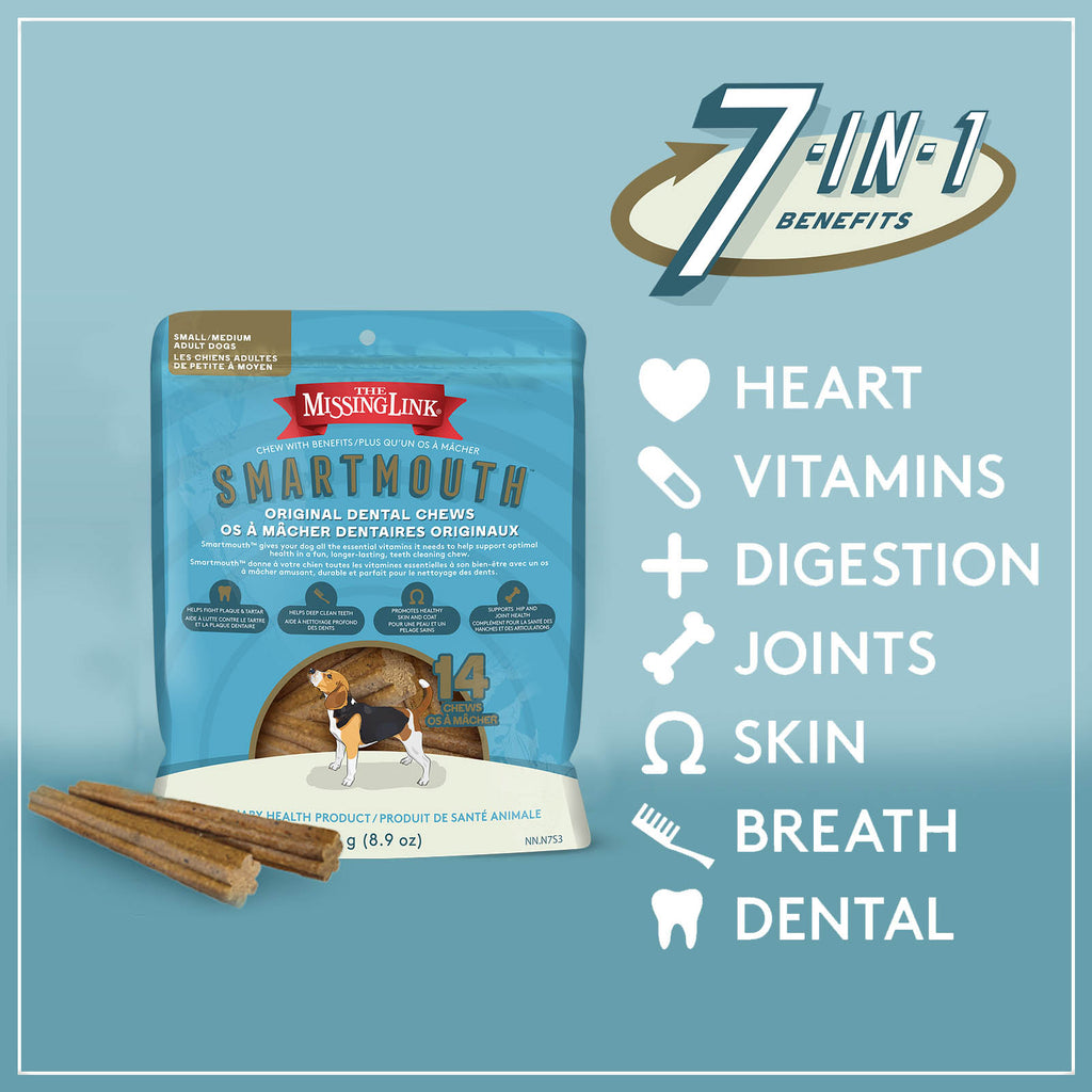 Smartmouth 7-in-1 benefits, heart, vitamins, digestion, joints, skin, breath and dental.