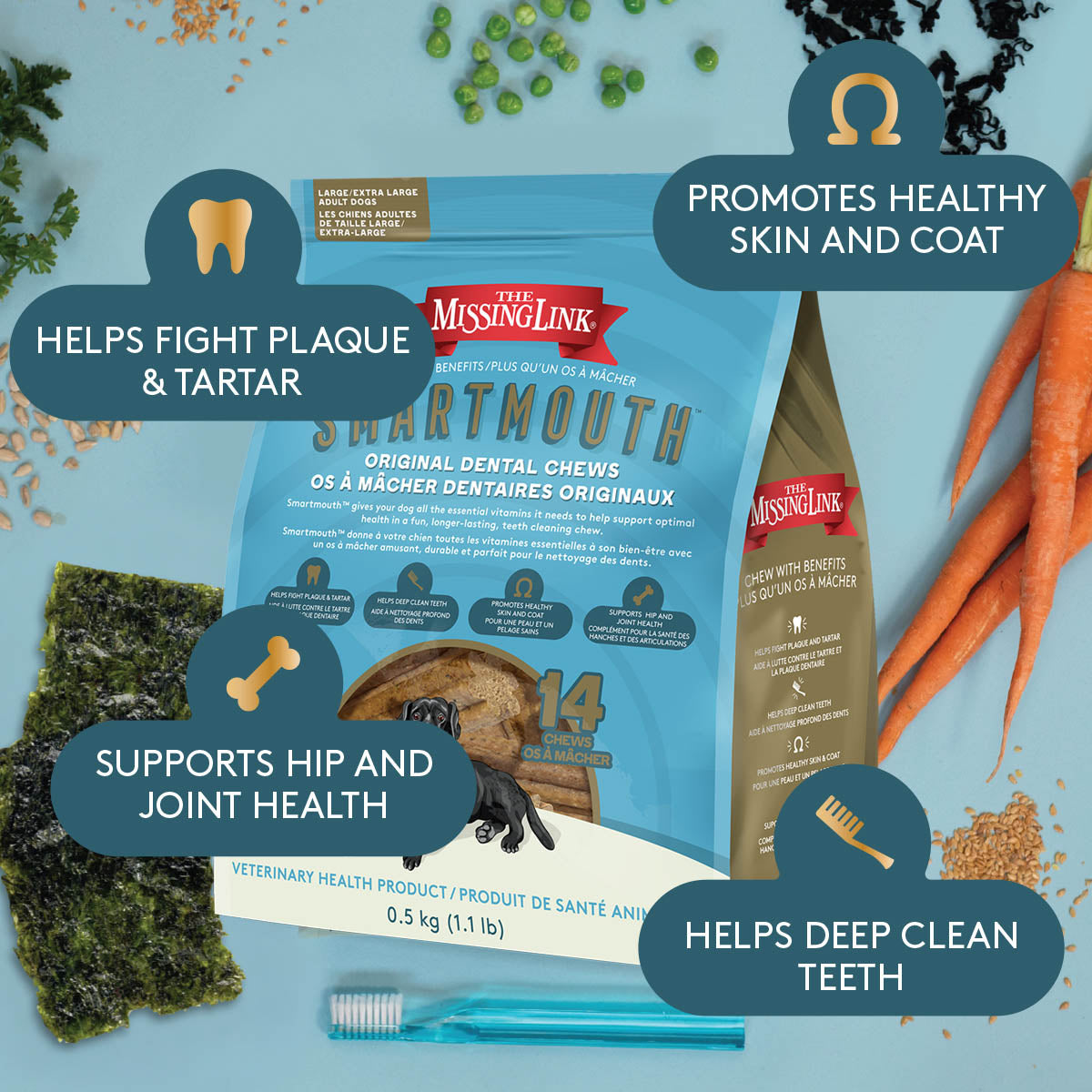 Smartmouth dental chews fight tartar & plaque. Promotes healthy Skin & Coat as well as Hip & Joint health.