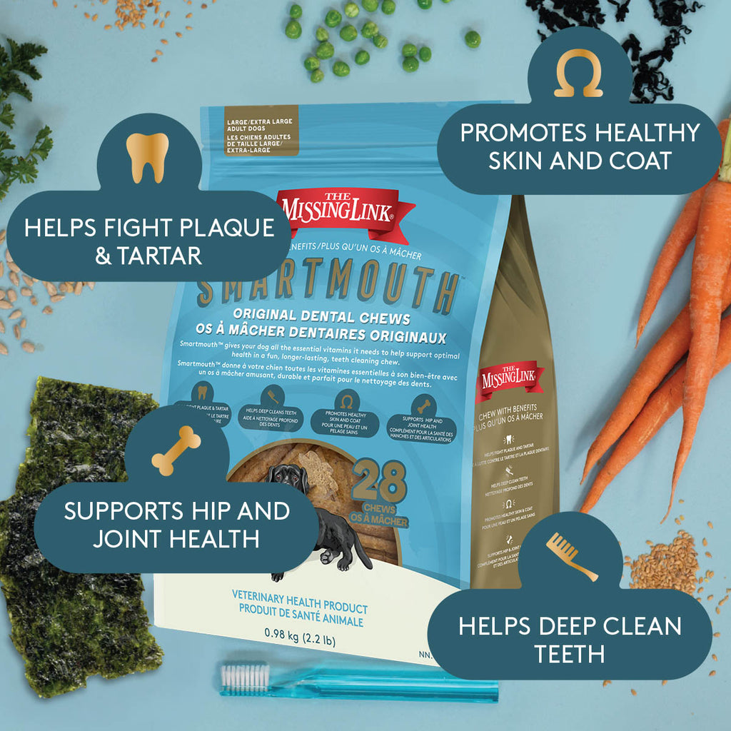 Smartmouth dental chews fight tartar & plaque. Promotes healthy Skin & Coat as well as Hip & Joint health.