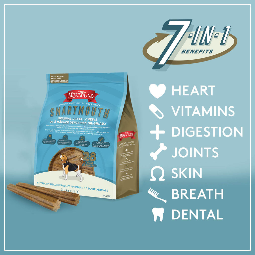 Smartmouth 7-in-1 benefits, heart, vitamins, digestion, joints, skin, breath and dental.