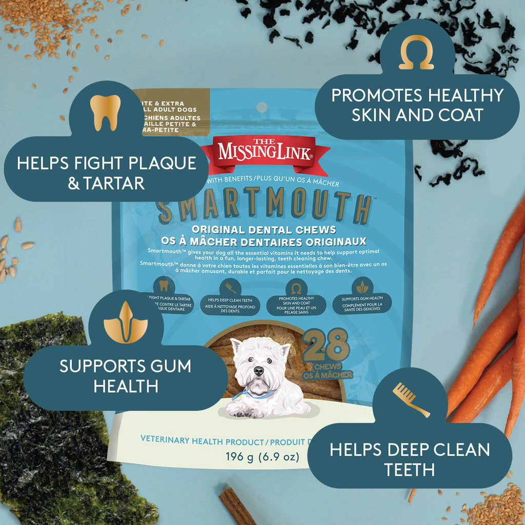 Smartmouth dental chews fight tartar & plaque. Promotes healthy Skin & Coat as well as Hip & Joint health.