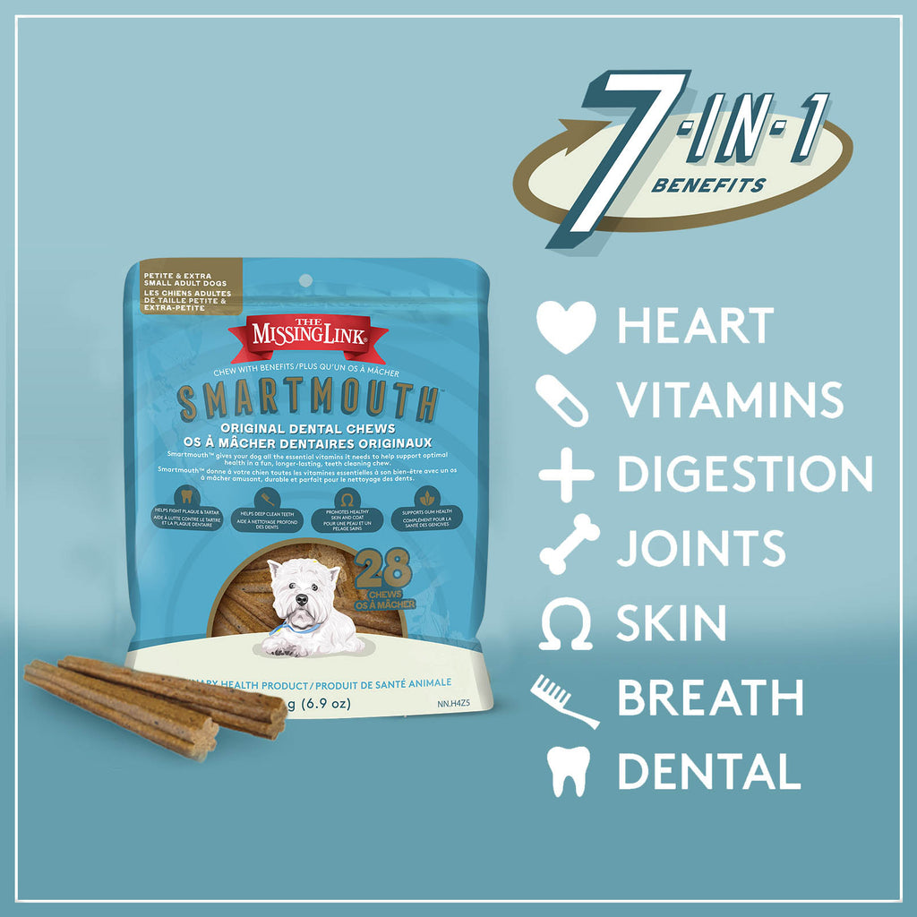 Smartmouth 7-in-1 benefits, heart, vitamins, digestion, joints, skin, breath and dental.