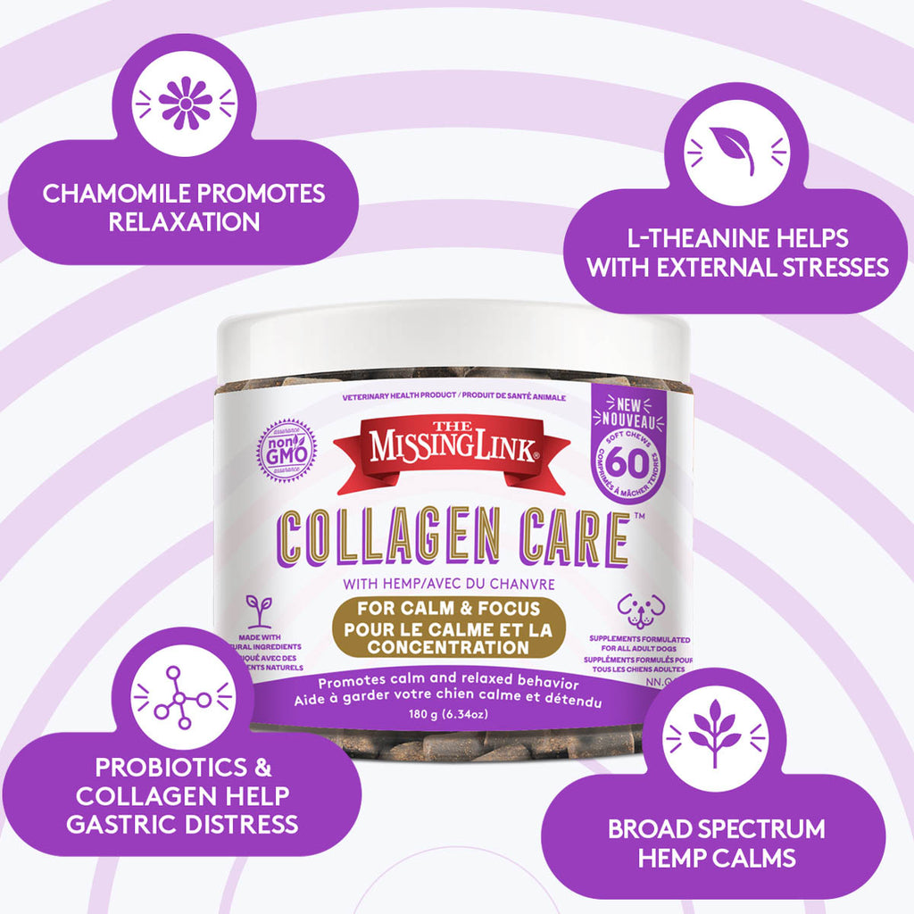 The Missing Link Calm & Focus collagen care pet chews.  Promotes calm and relaxed behavior.