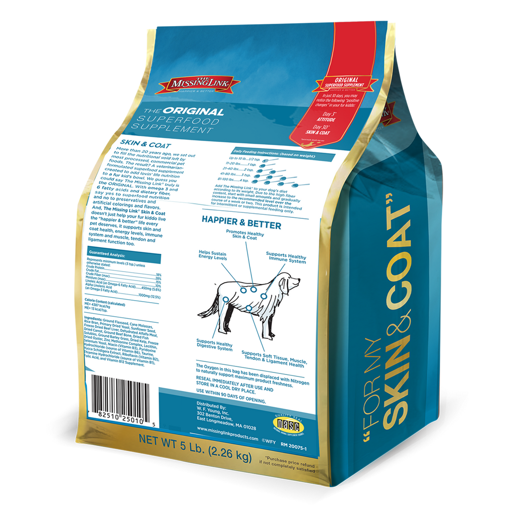 The Missing Link Skin & Coat formula superfood supplement powder in a 2.26 kg bag.