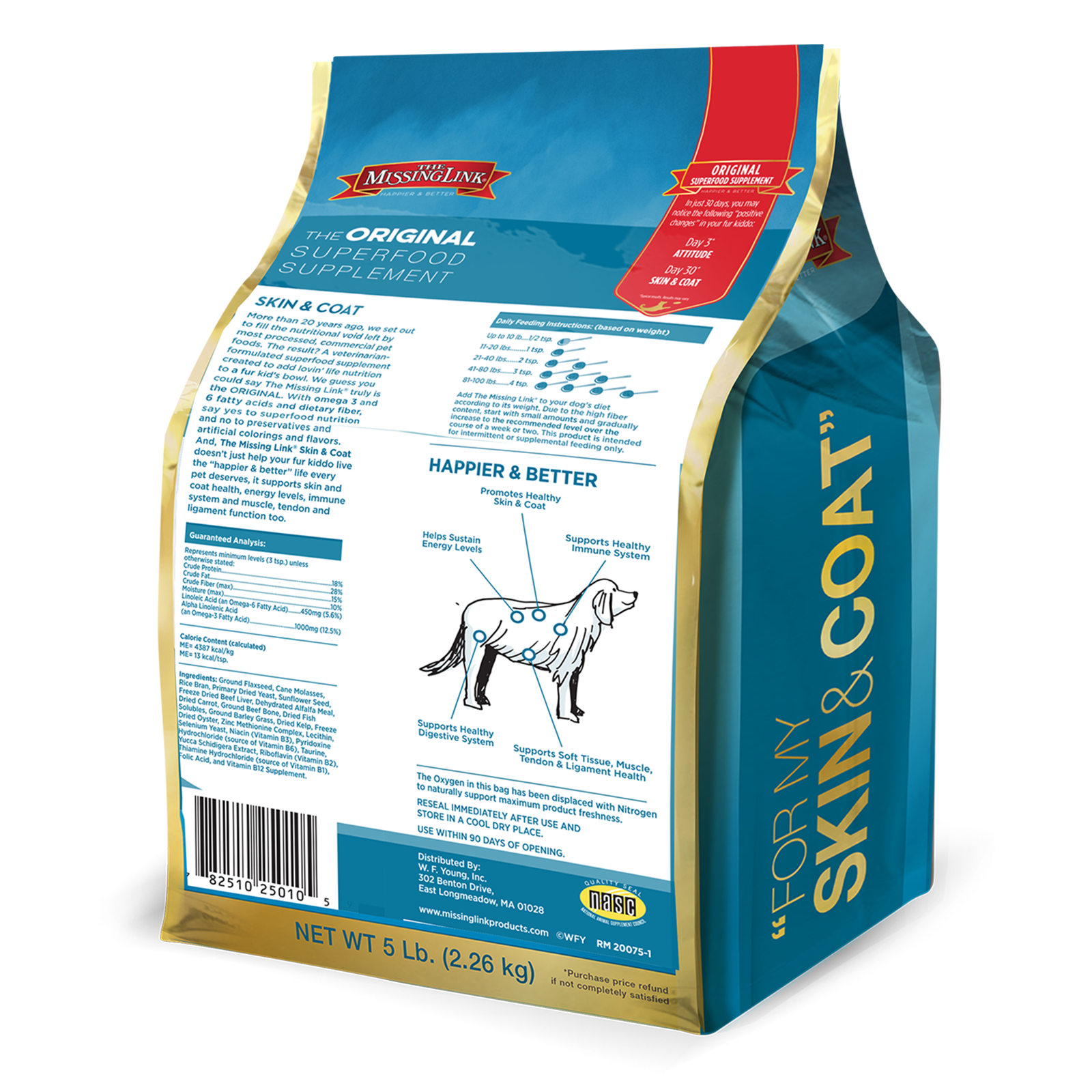 The Missing Link Skin & Coat formula superfood supplement powder in a 2.26 kg bag.