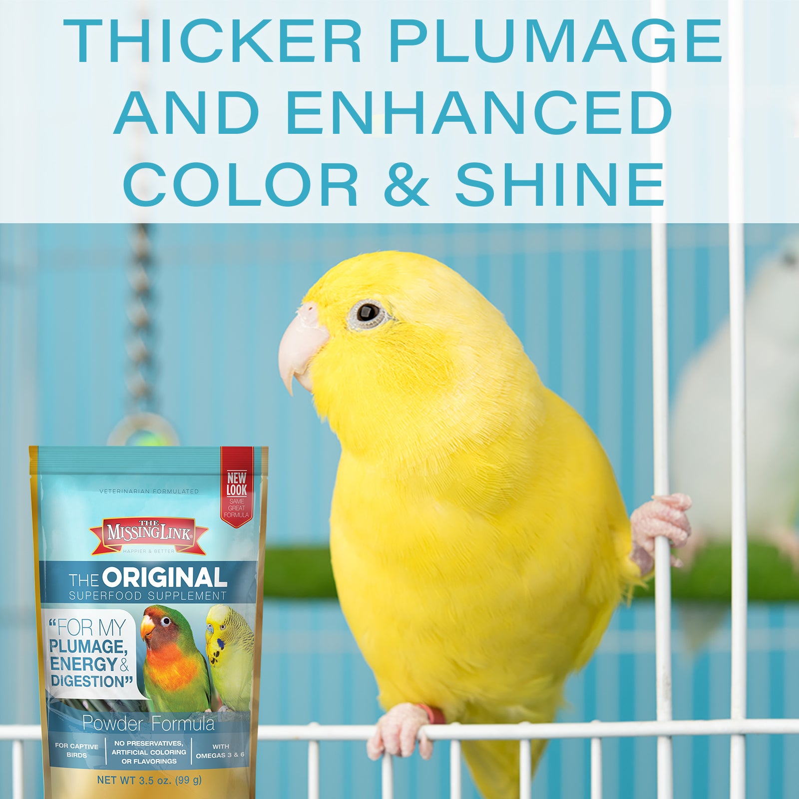 The Missing Link Avian formula, thicker plumage and enhanced color & shine.